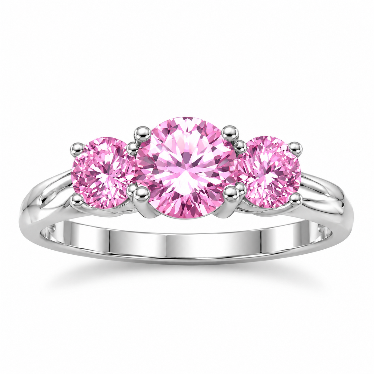 Pink CZ 3-Stone Ring 925 Sterling Silver 6mm Center 4.5mm Side Sizes 4-10