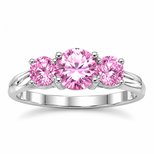 Pink CZ 3-Stone Ring 925 Sterling Silver 6mm Center 4.5mm Side Sizes 4-10