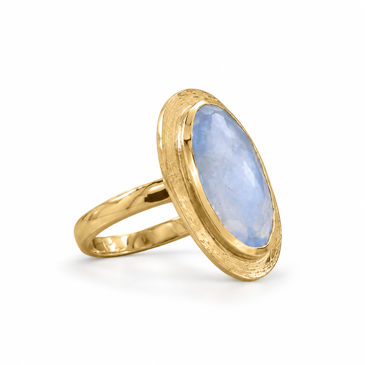 14K Gold Plated Oval Periwinkle Chalcedony Ring 18x10mm 2.6mm Sizes 6-10