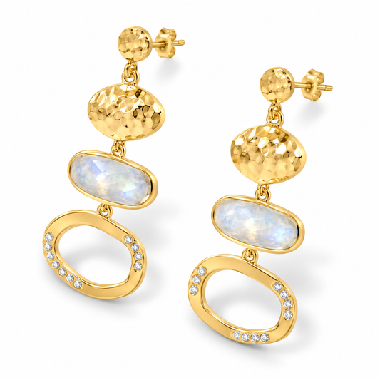 Rainbow Moonstone Statement Earrings 14K Gold Plated 925 Sterling Silver 41.5mm