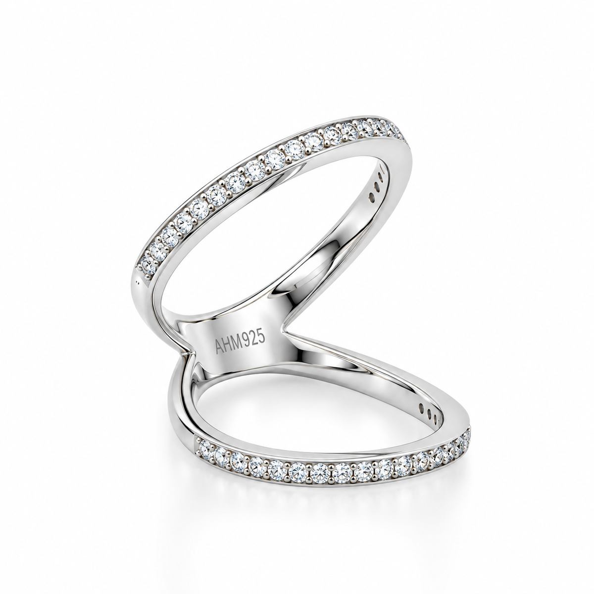 Rhodium Plated CZ Double Band Knuckle Ring 925 Silver 2mm 1mm CZ 4.6mm Sizes 5-10