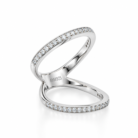 Rhodium Plated CZ Double Band Knuckle Ring 925 Silver 2mm 1mm CZ 4.6mm Sizes 5-10