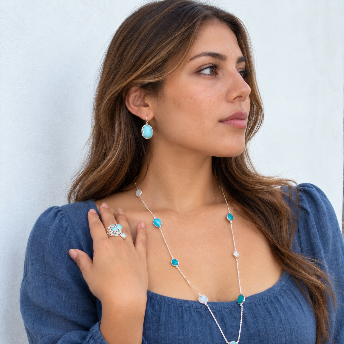 Polished Larimar Triple Cabochon Cutout Wave Ring 925 Silver 26mm Sizes 6-10