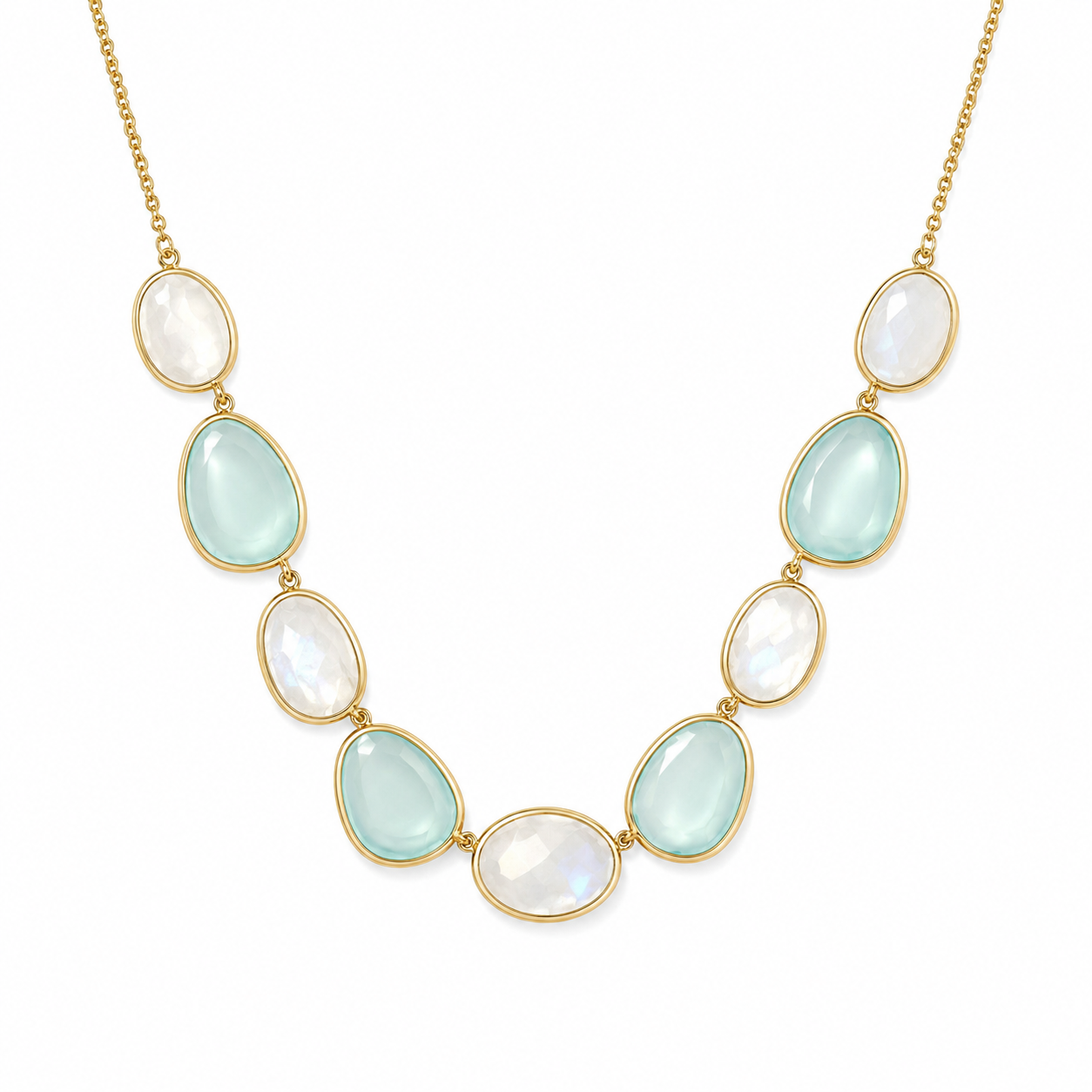 Rainbow Moonstone Green Chalcedony Necklace 14K Gold Plated 925 Silver 16+2 Inch