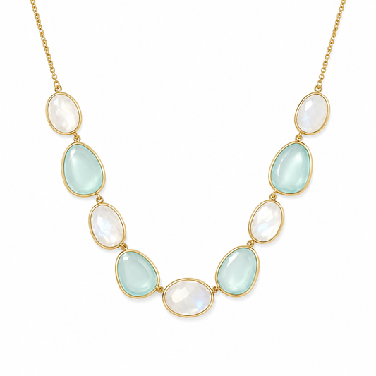 Rainbow Moonstone Green Chalcedony Necklace 14K Gold Plated 925 Silver 16+2 Inch