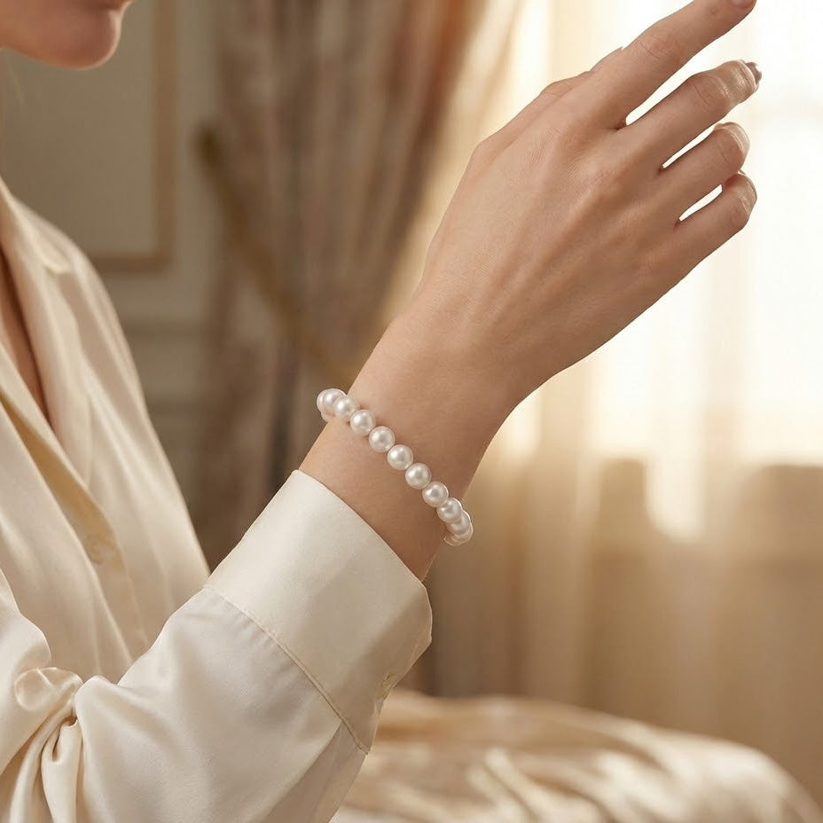 Cultured Freshwater Pearl Bracelet Rhodium Plated 925 Sterling Silver 9.5mm 8in