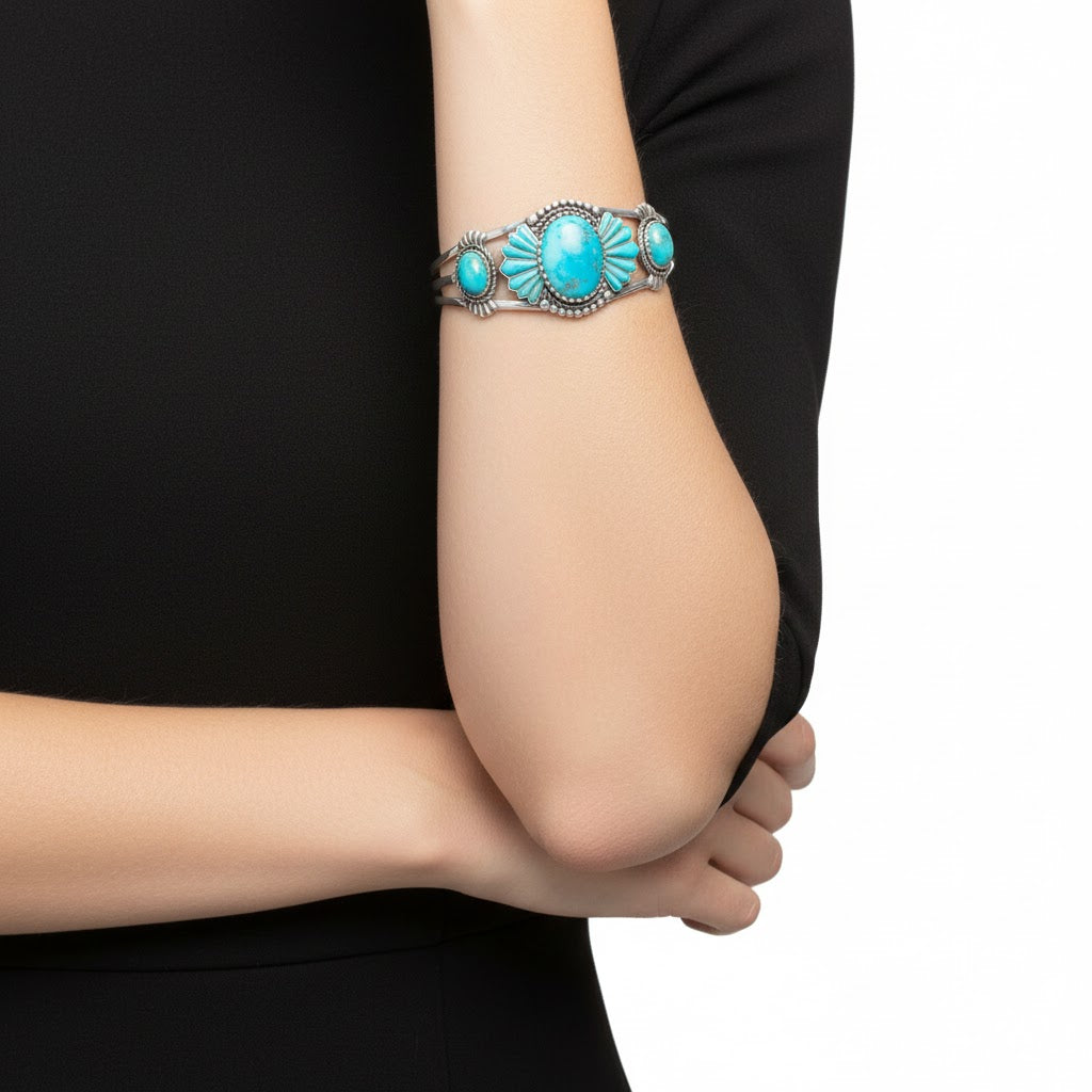 Turquoise Deco Cuff Bracelet Oxidized 925 Sterling Silver Southwest 20x15mm