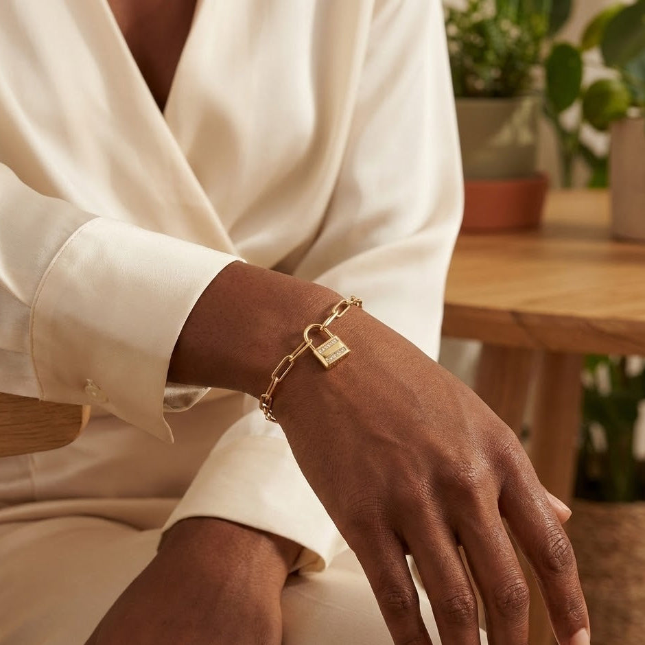 14 Karat Gold Plated Sterling Silver CZ Lock Toggle Bracelet, Paper Clip Style Chain, Adjustable 6.5-7.5 Inch