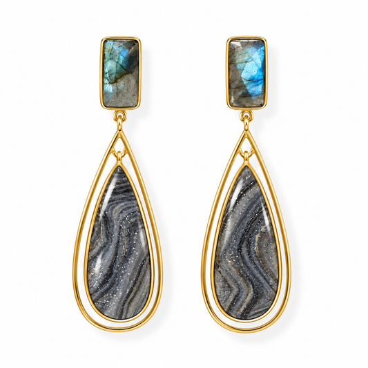 Labradorite & Desert Druzy Drop Earrings 14K Gold Plated 925 Sterling Silver 66mm