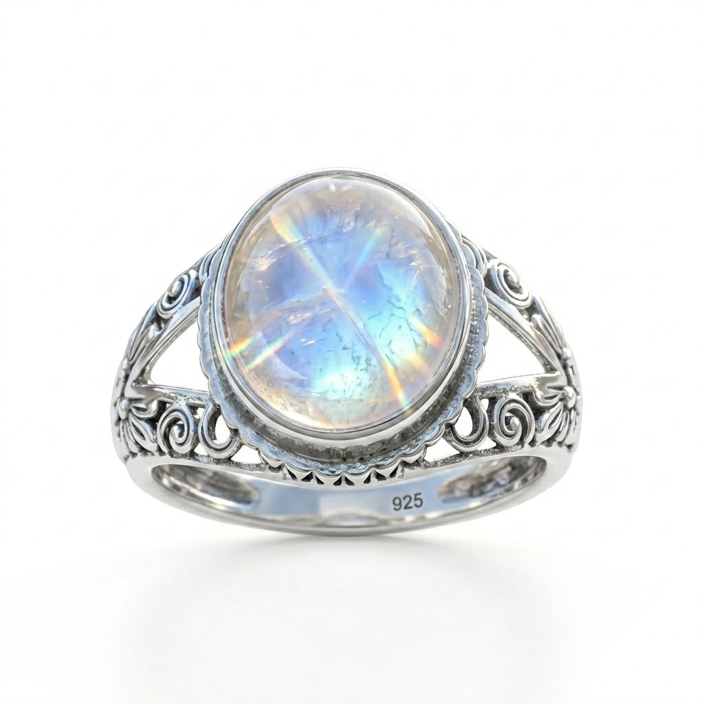 Silver ring with a rainbow moonstone on a white background