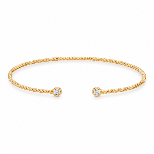 CZ Twist Cable Cuff Bracelet 14K Gold Plated 925 Silver 2.2mm 3mm CZ 64mm