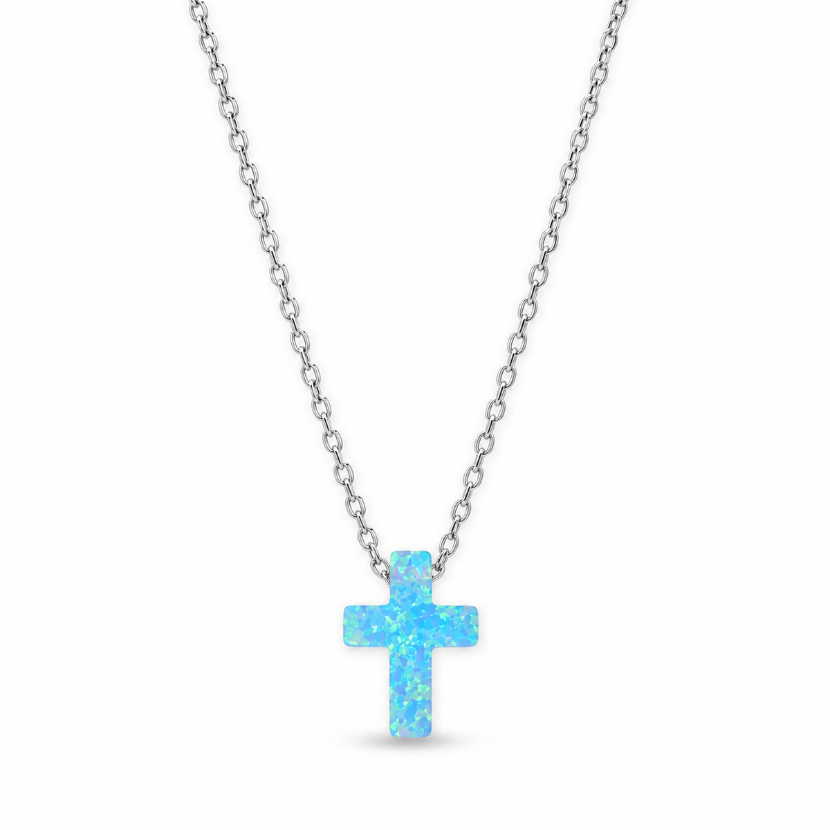 Blue Opal Cross Necklace Rhodium 925 Sterling Silver Synthetic Floating 9x12mm 16+2