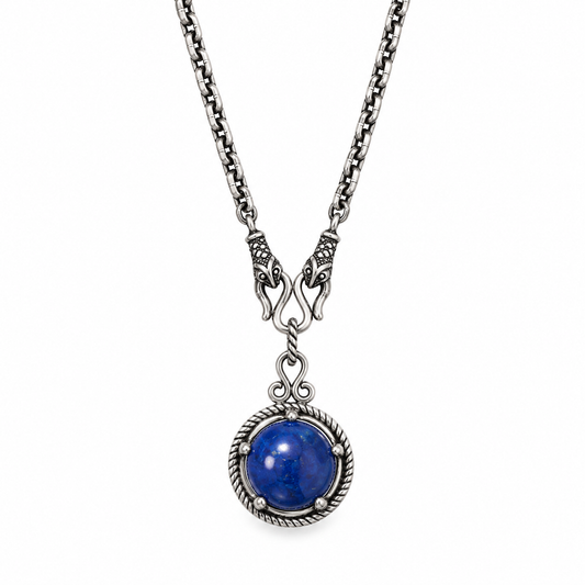 Reversible Lapis Moonstone Necklace Oxidized 925 Silver 10mm Pendant 18+2in