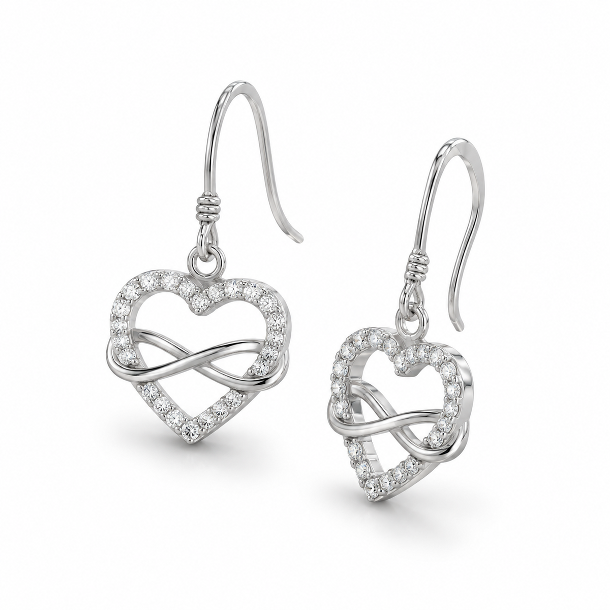 CZ Heart Infinity French Wire Earrings Rhodium Plated 925 Sterling Silver 30mm