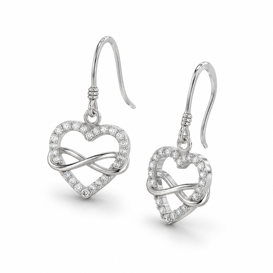 CZ Heart Infinity French Wire Earrings Rhodium Plated 925 Sterling Silver 30mm