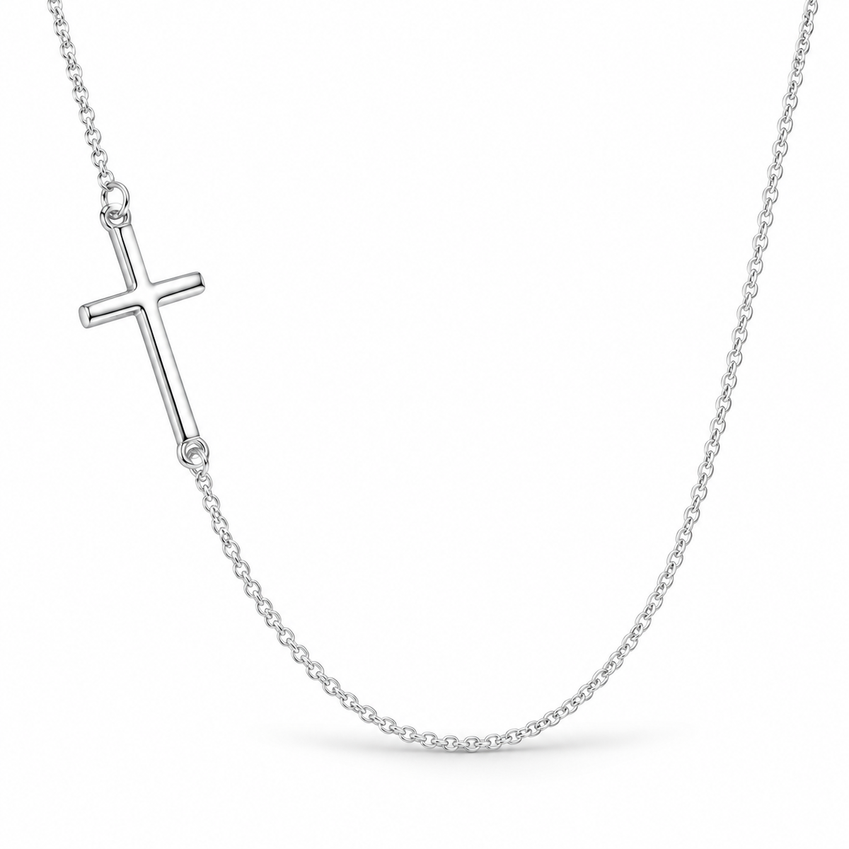 Off Center Cross Necklace 925 Sterling Silver Polished 10.5x23.5mm 16+2in