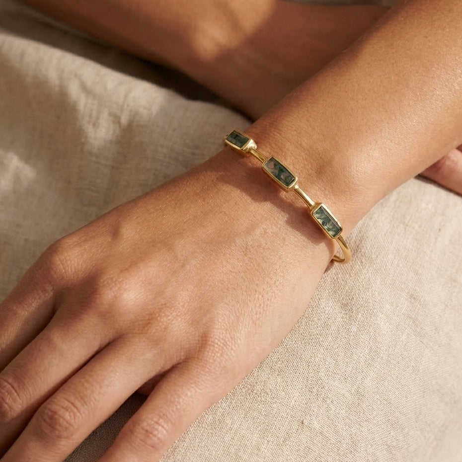 Baguette Moss Agate Cuff Bracelet 14K Gold Plated 925 Sterling Silver 10x3mm 1.8mm