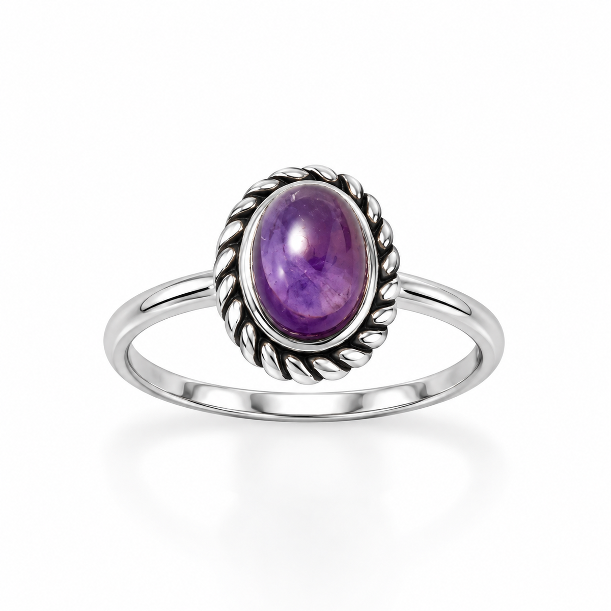 Oval Amethyst Oxidized Rope Edge Ring 925 Silver 9x5mm 1.5mm Sizes 5-9
