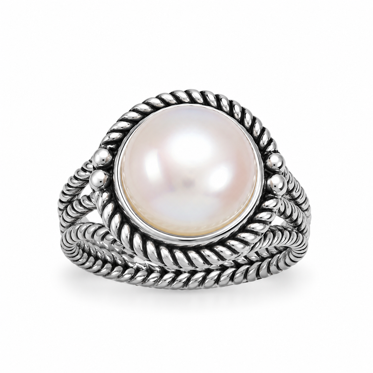Oxidized Three Band Rope Design Jumbo Button Pearl Ring 925 Silver 12mm Sizes 6-9