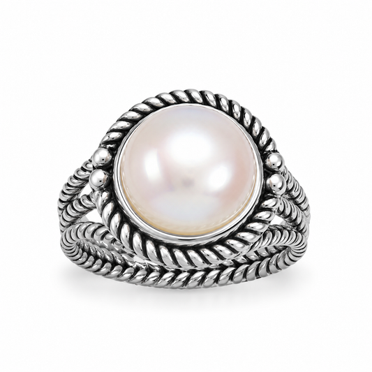 Oxidized Three Band Rope Design Jumbo Button Pearl Ring 925 Silver 12mm Sizes 6-9
