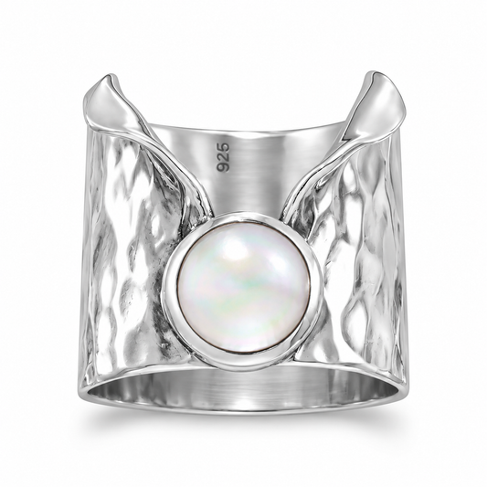 Hammered Mother of Pearl Lapel Ring 925 Silver Wide Band Sizes 6-10