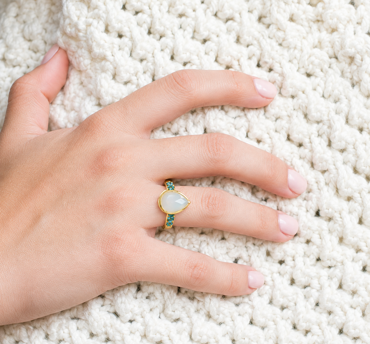 14K Gold Plated Pear Rainbow Moonstone Crushed Turquoise Ring 925 Silver 10x14mm Sizes 6-10