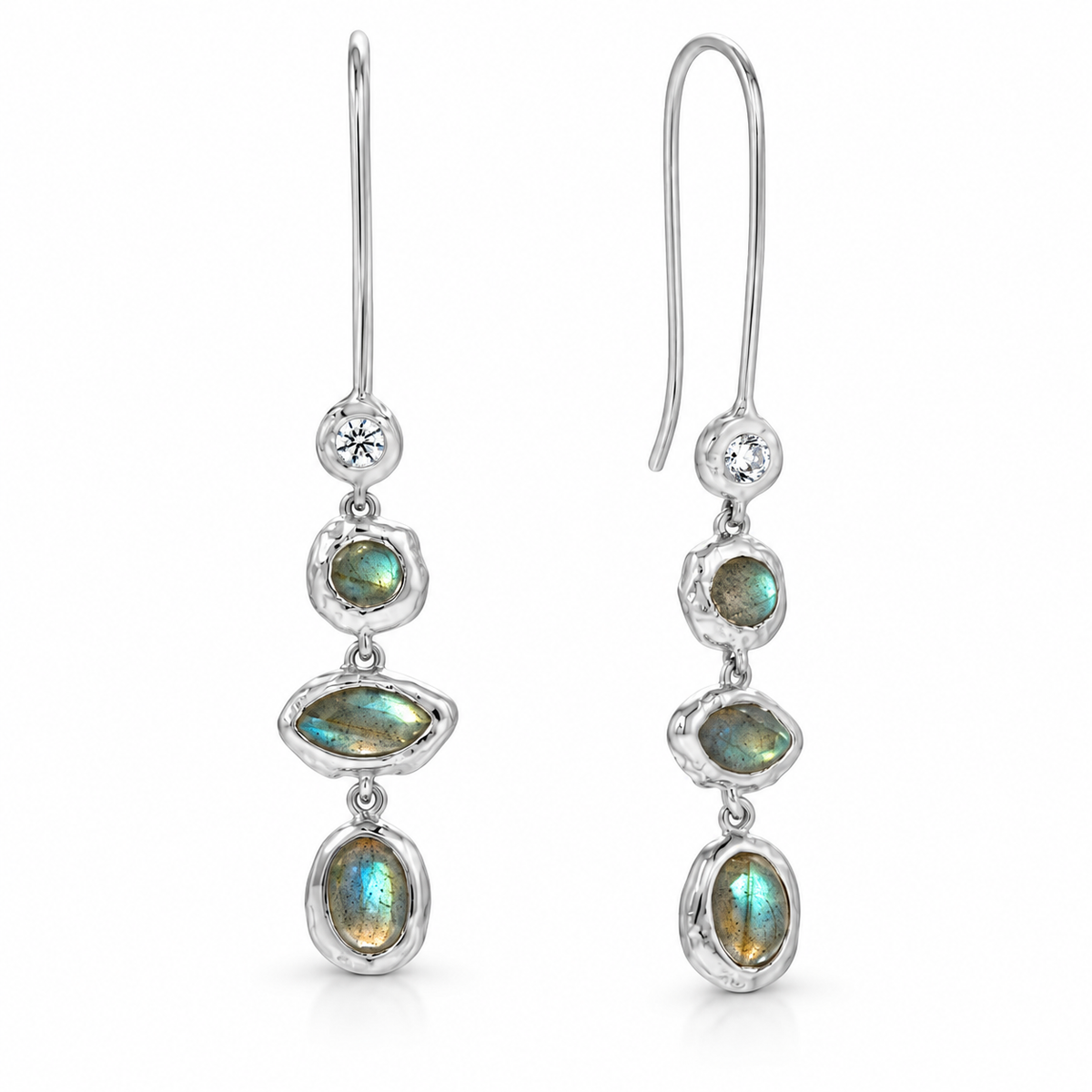 Labradorite CZ Hammered Drop Earrings Rhodium Plated 925 Sterling Silver 50mm