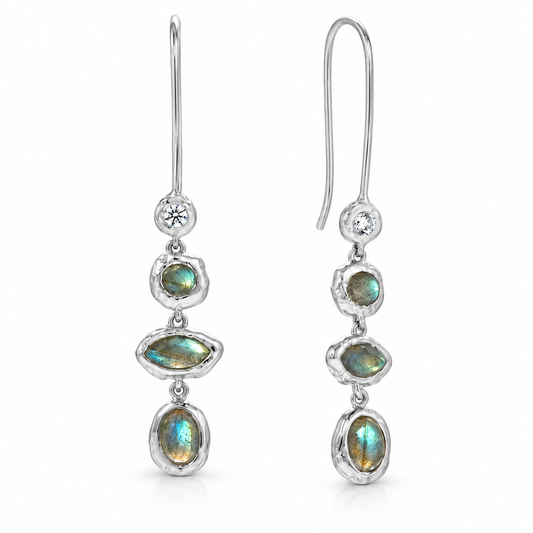 Labradorite CZ Hammered Drop Earrings Rhodium Plated 925 Sterling Silver 50mm
