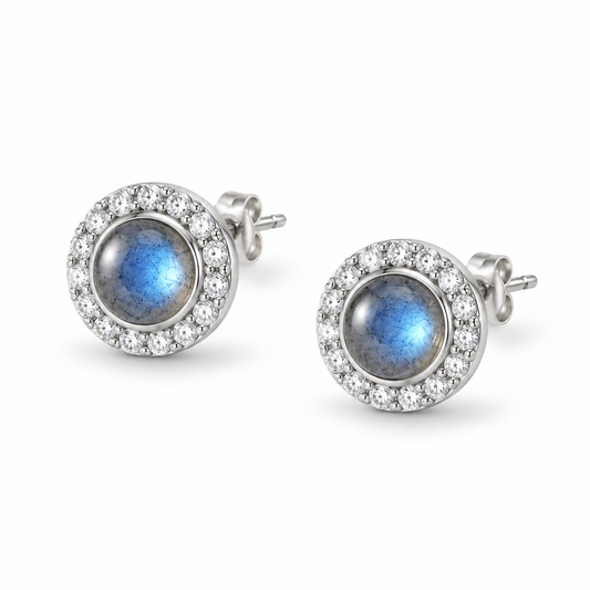 Labradorite CZ Halo Stud Earrings Rhodium Plated 925 Sterling Silver 4mm