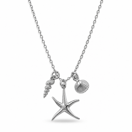 Starfish Shell Charm Necklace Rhodium 925 Silver 3D Italy 17x21.4mm 16in