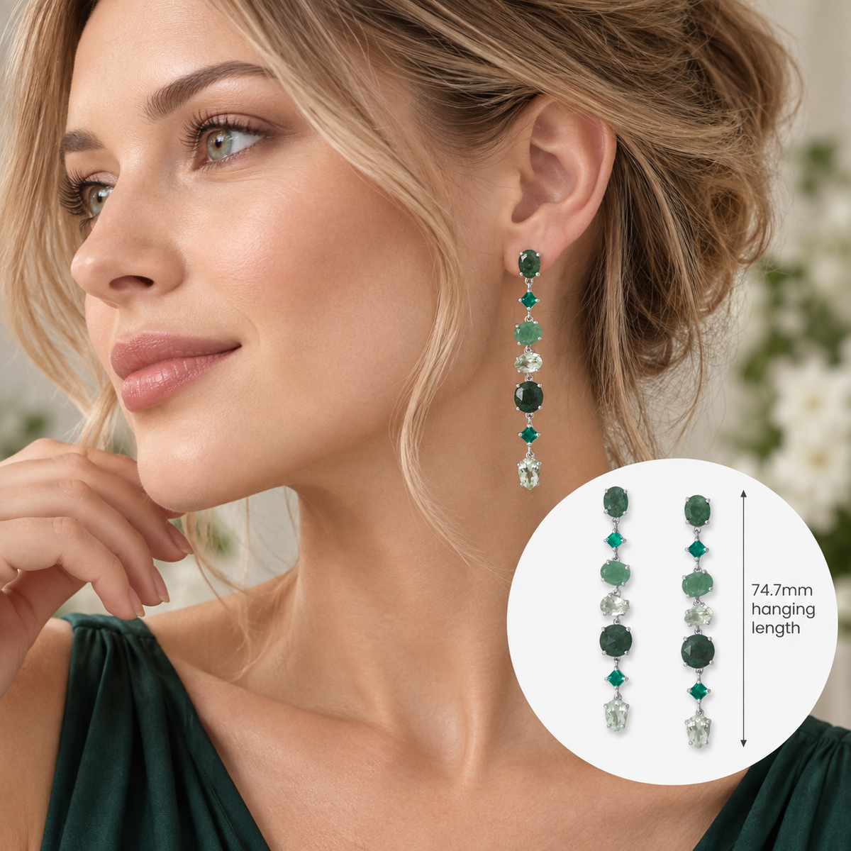 Green Multi Stone Long Drop Earrings Rhodium Plated 925 Sterling Silver 74.7mm