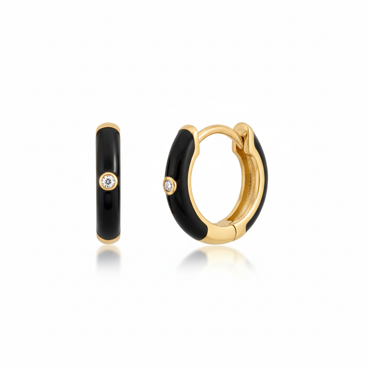 金色黑色琺瑯圈形耳環 - 45度角透視 1