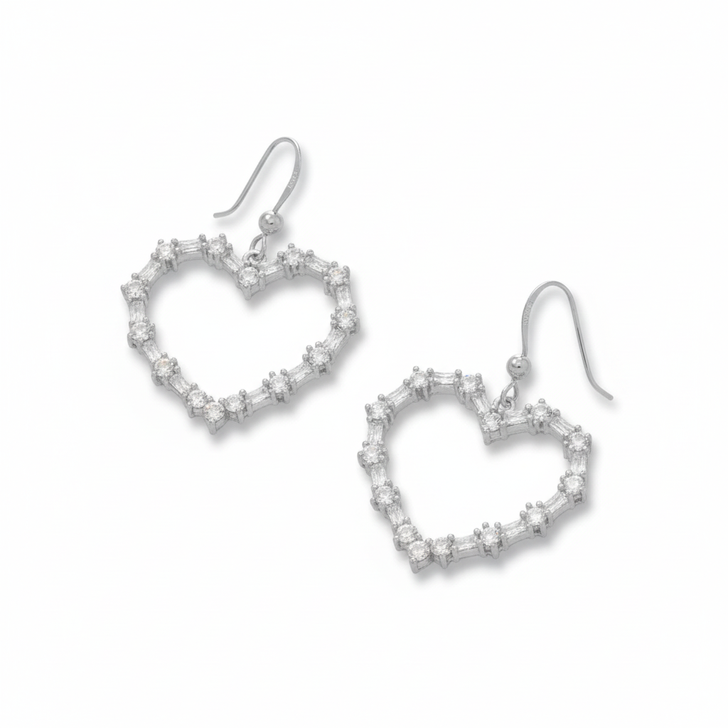 銀色水晶愛心耳環 - 45度角透視 2