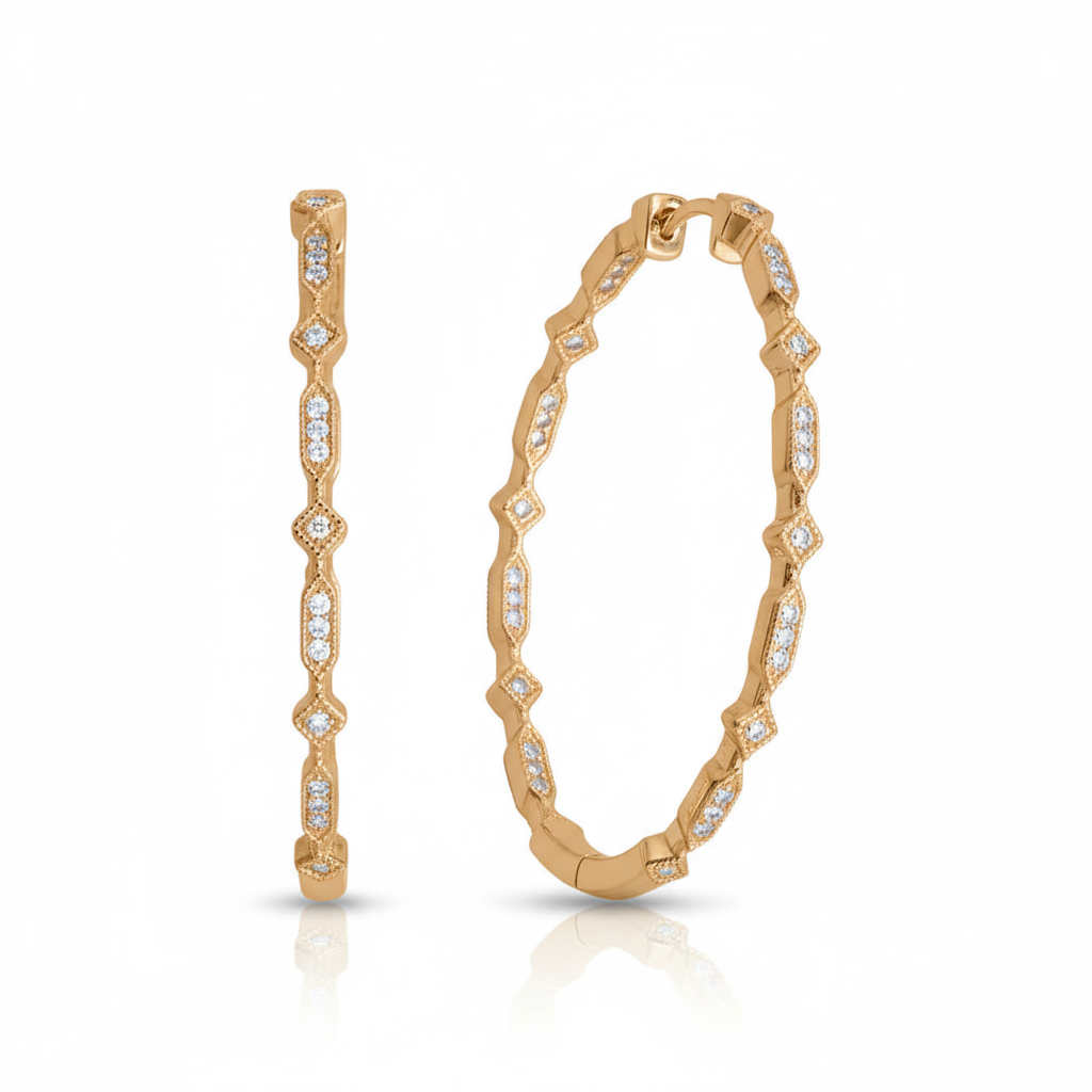 金色復古花紋圈形耳環 - 45度角透視 2