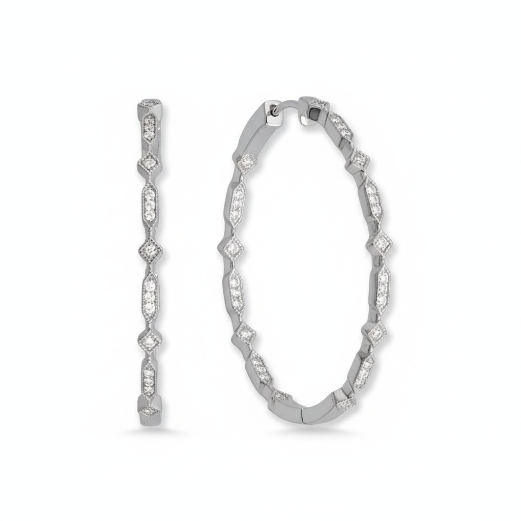 銀色復古花紋圈形耳環 - 45度角透視 5