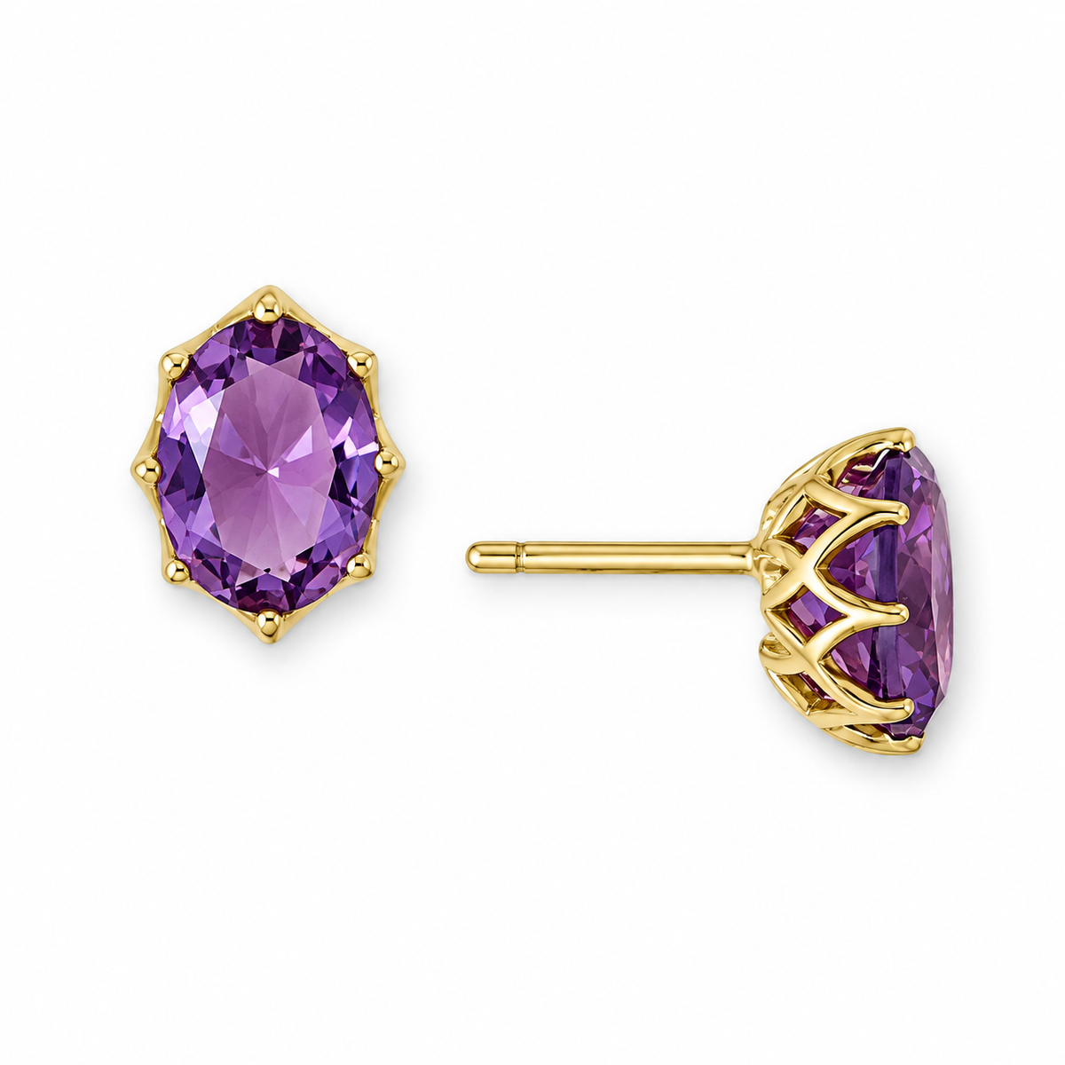 Precision Cut Amethyst Stud Earrings 14K Gold Openwork Setting 8x6mm