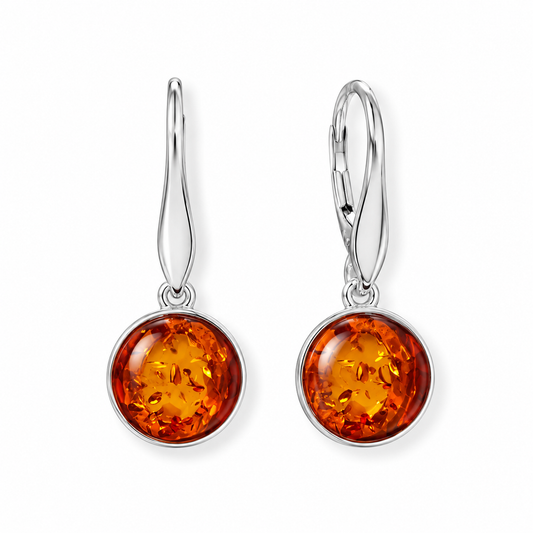 Baltic Amber Round Lever Earrings Polished 925 Sterling Silver Poland 10mm