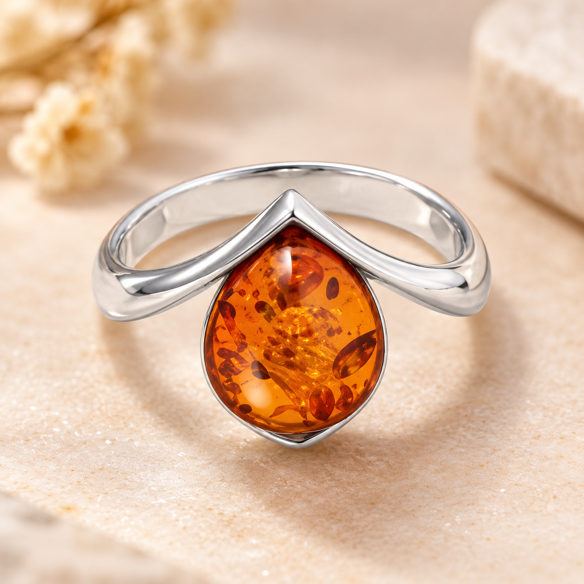 Baltic Amber V Ring 925 Sterling Silver Polished 11x9mm Poland Sizes 5-9