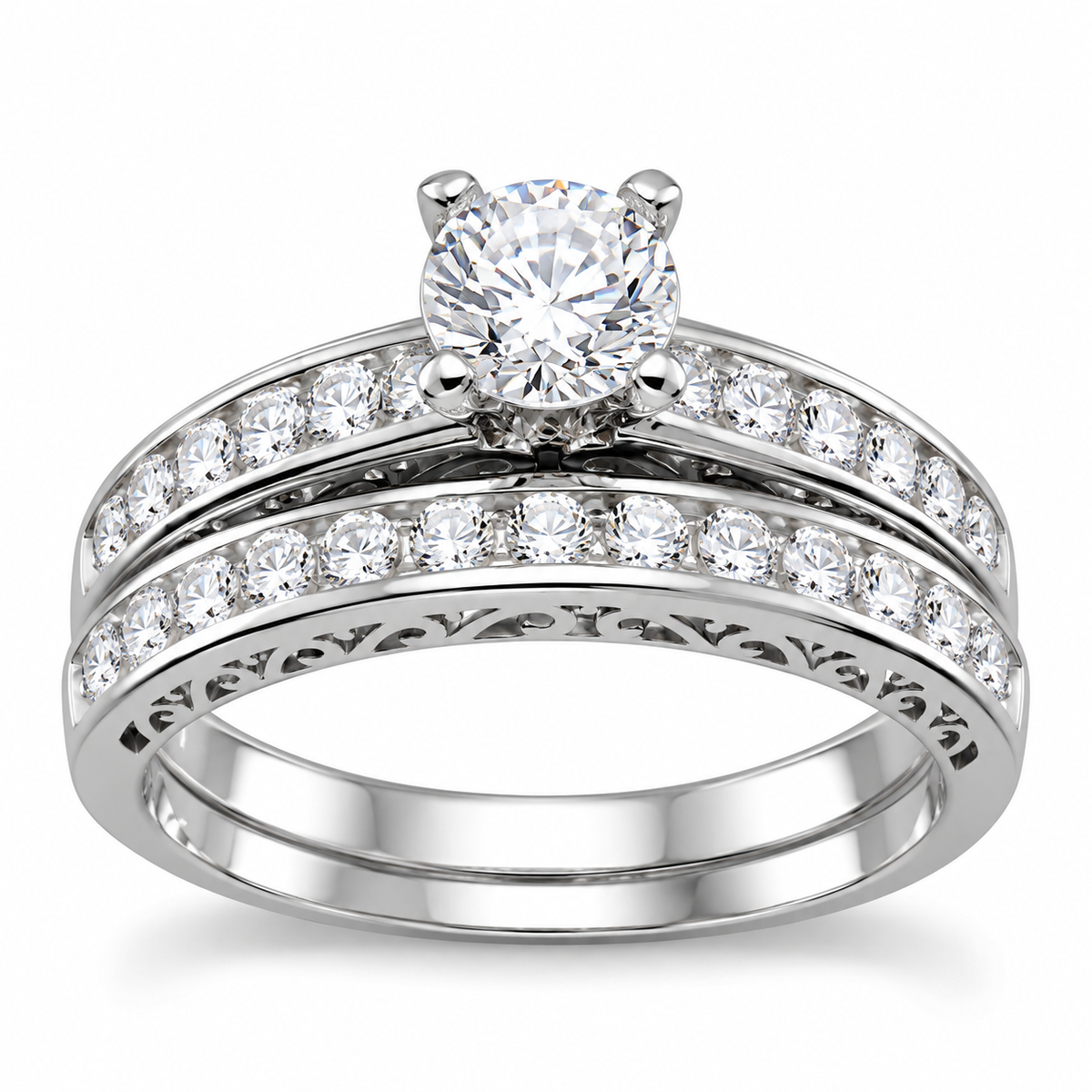 CZ Wedding Band Set Rhodium 925 Silver 5mm Solitaire Engagement Ring Sizes 4-11
