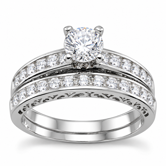 CZ Wedding Band Set Rhodium 925 Silver 5mm Solitaire Engagement Ring Sizes 4-11