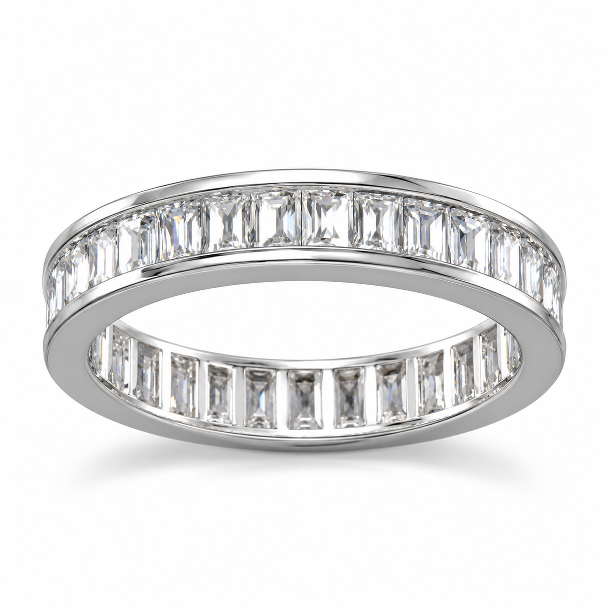 Baguette CZ Eternity Band Rhodium 925 Sterling Silver 4mm Wide Sizes 5-10