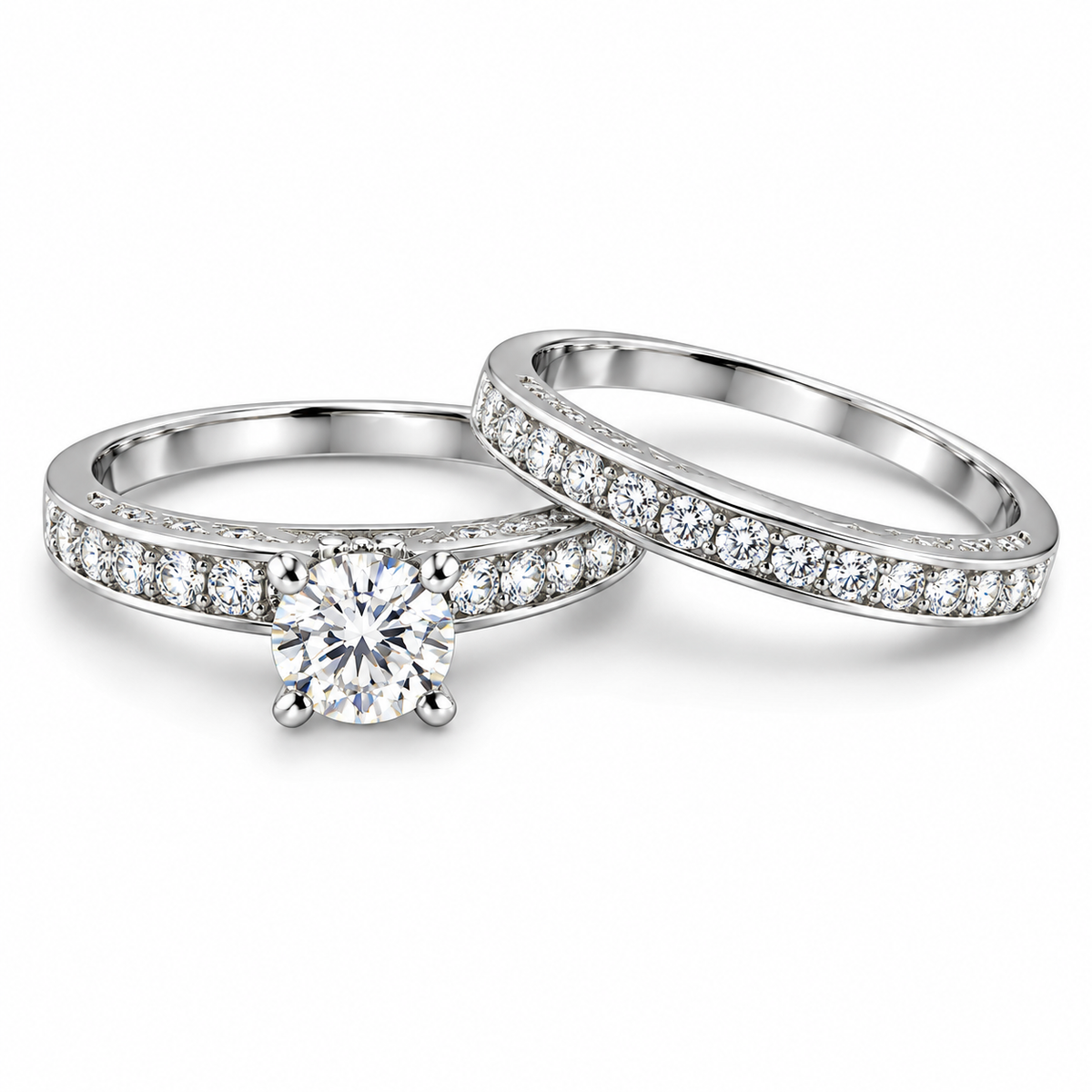 CZ Wedding Band Set Rhodium 925 Silver 5mm Solitaire Engagement Ring Sizes 4-11