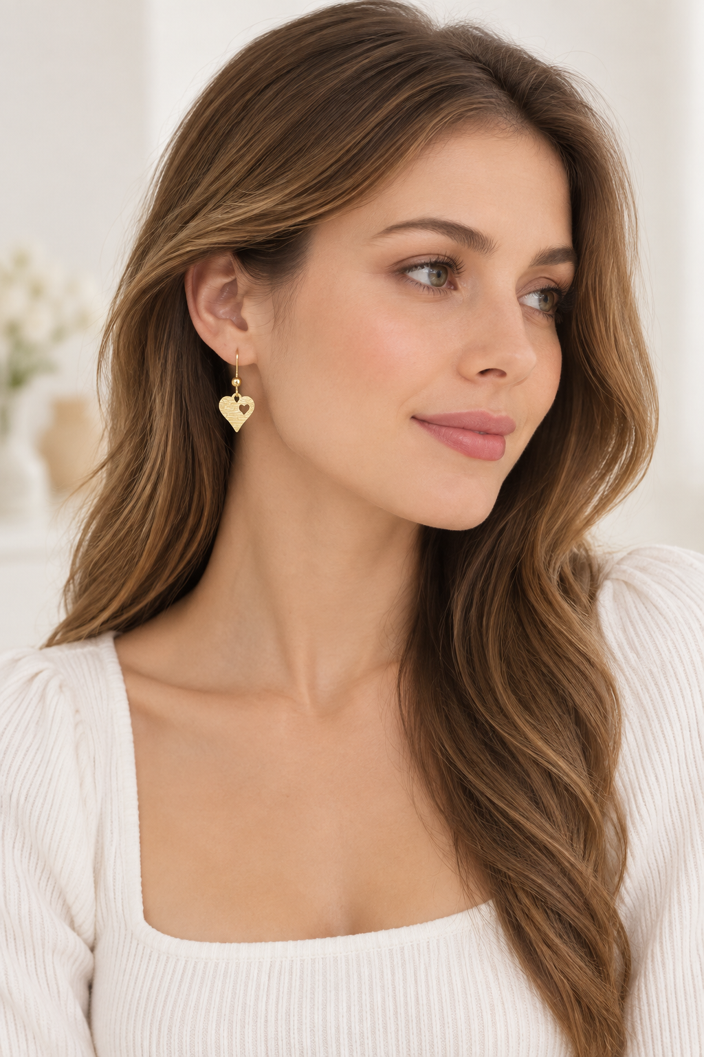 Laser Cut Heart French Wire Earrings 14K Gold Plated 925 Sterling Silver 23.5mm
