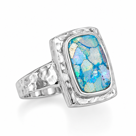 Hammered Ancient Roman Glass Ring 925 Sterling Silver 8x10mm 5.1mm w/ Certificate Sizes 6-9