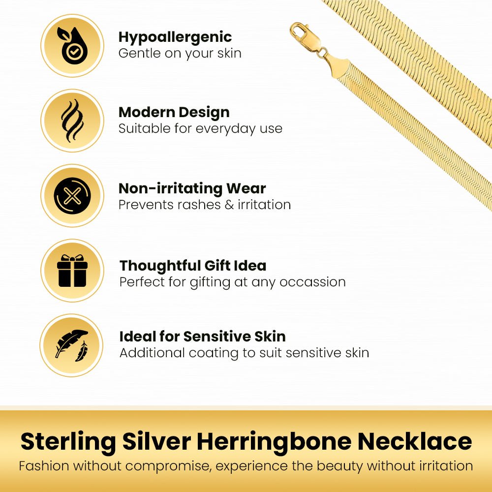 14K Gold Plated 925 Sterling Silver Herringbone Necklace, Gold Dipped Herringbone Chain Necklace for Women and Men, Flexible Flat Snake Chain Necklace with Lobster Claw Closure (3mm 20")