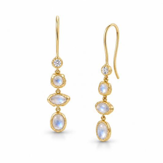 Rainbow Moonstone CZ Hammered Earrings 14K Gold Plated 925 Sterling Silver 50mm