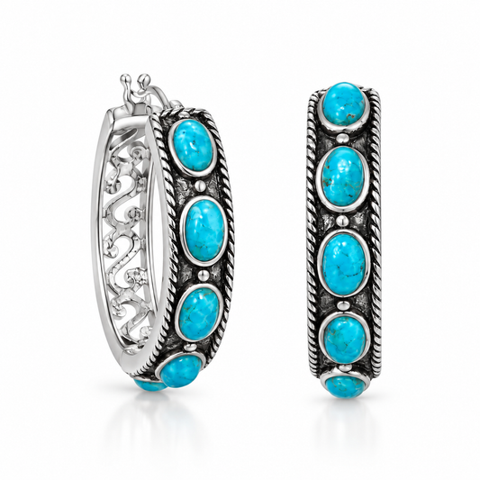 Reconstituted Turquoise Filigree Hoop Earrings Oxidized 925 Sterling Silver 30mm