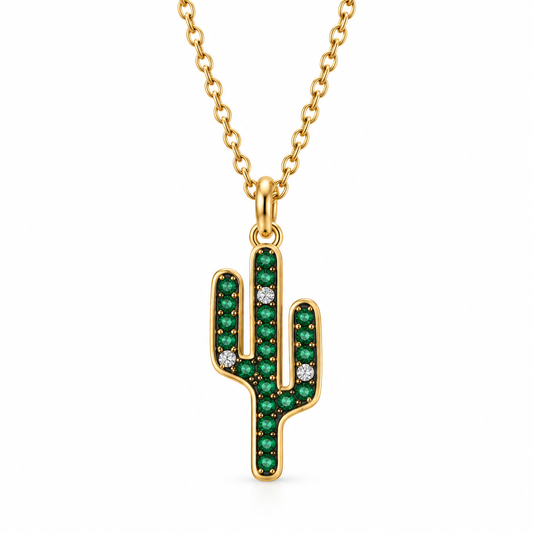 CZ Saguaro Cactus Charm Slider Necklace 14K Gold Plated 925 Silver 7.2x18.5mm