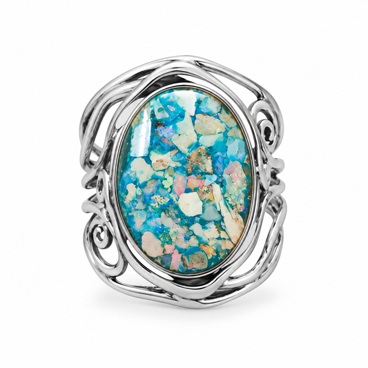 Roman Glass Cutout Swirl Ring Oxidized 925 Silver 17.5x13.5mm Sizes 7-10 w/ CoA