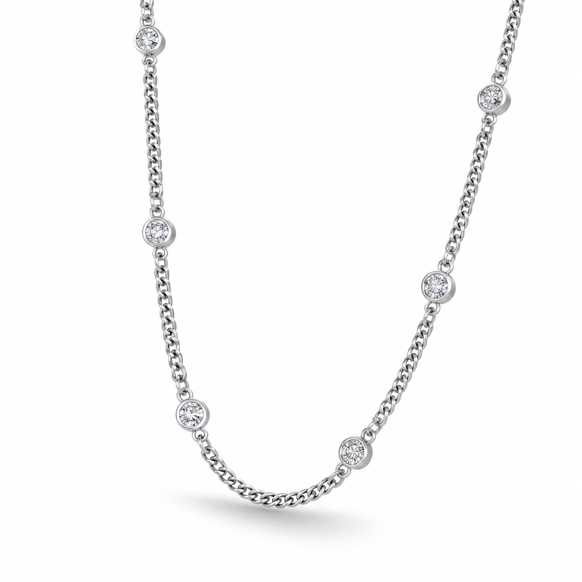 Bezel CZ Curb Chain Necklace Rhodium 925 Silver 3.5mm Full Set 16+2in